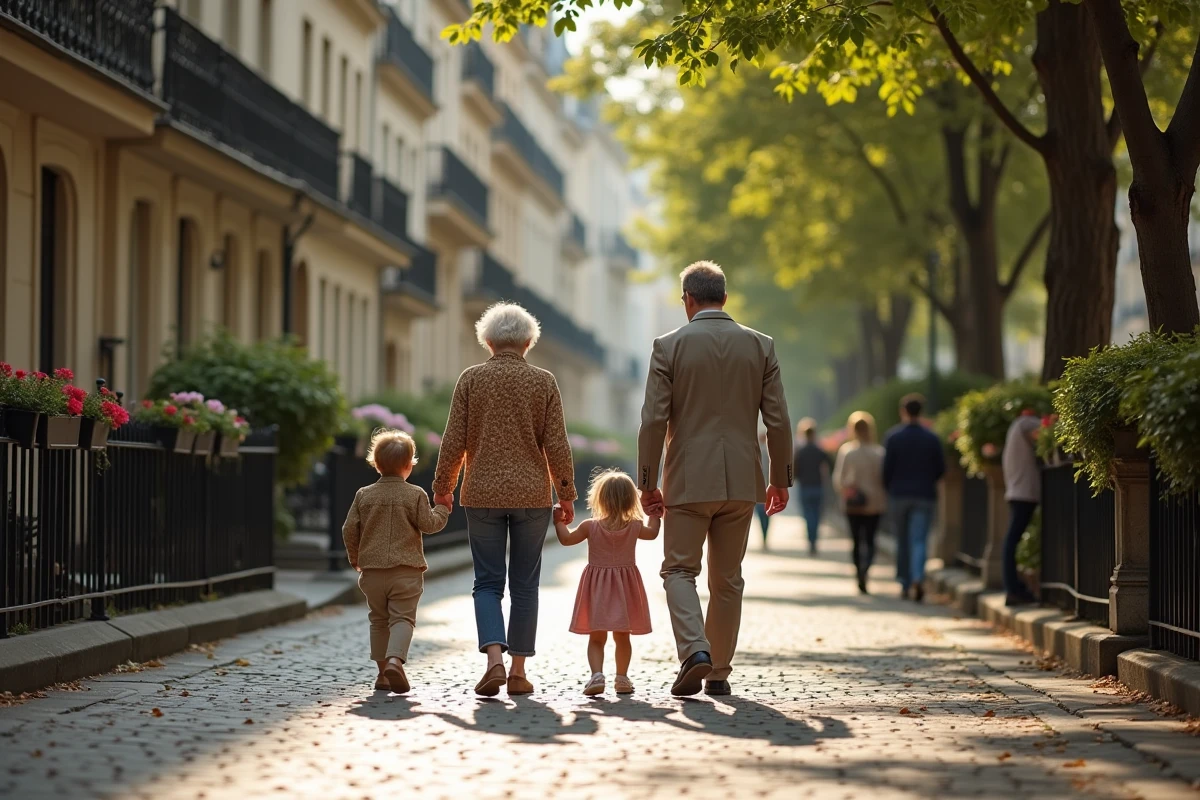 Enfants et grand-mère se promenant dans une rue parisienne