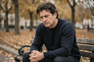 Homme pensif assis seul sur un banc dans un parc parisien en automne, évoquant la mélancolie et le deuil fraternel