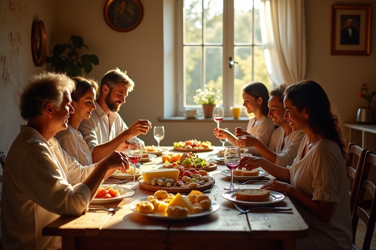 Famille française partageant un repas traditionnel dans une ferme chaleureuse