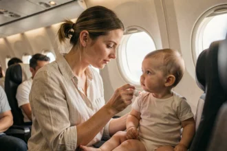 Maman appliquant un répulsif moustique bébé sur le bras de son nourrisson dans un avion
