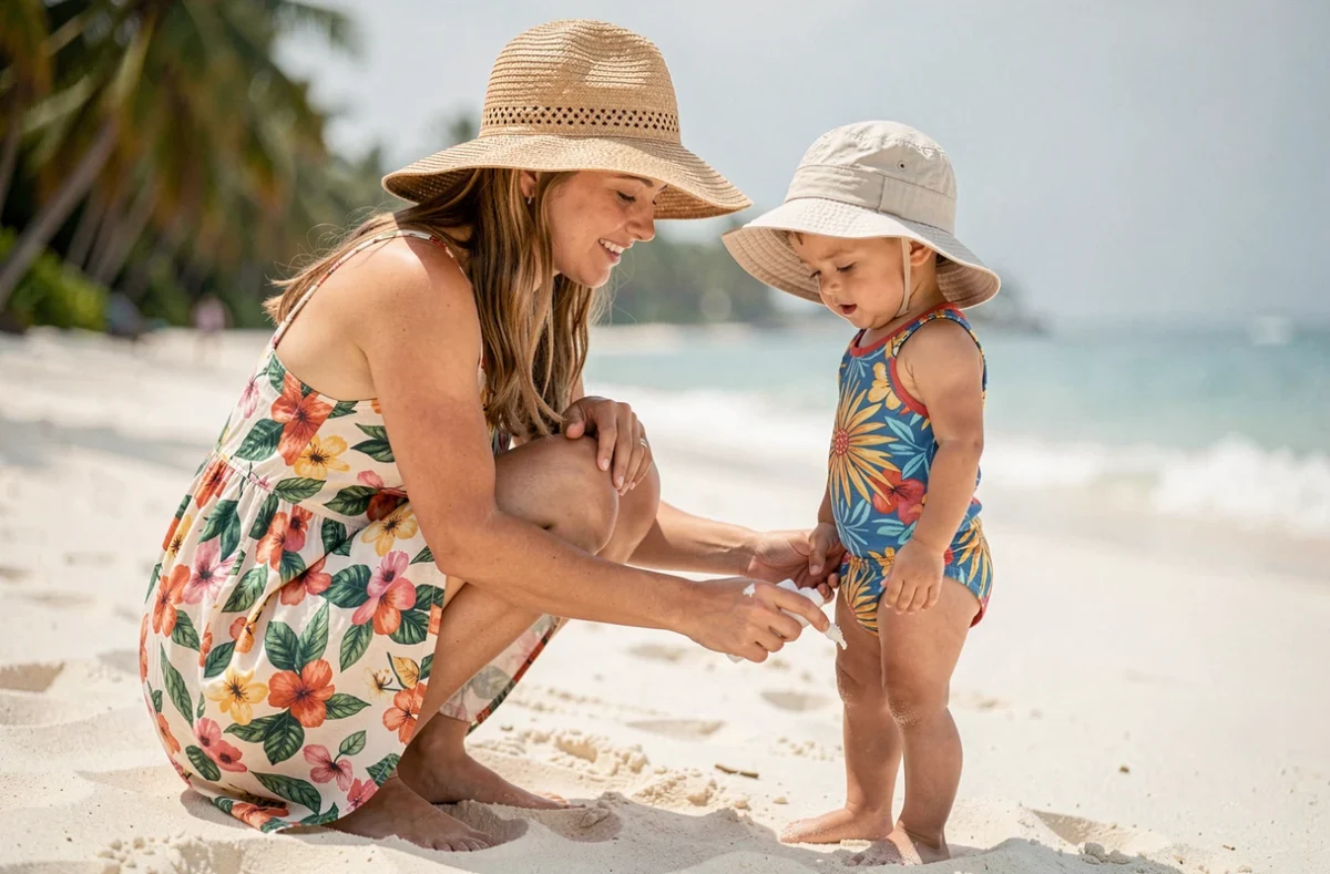 Mère appliquant une crème répulsive anti-moustiques sur les jambes de son bébé à la plage