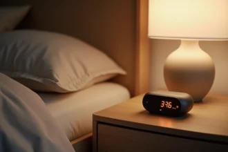 Réveil connecté et veilleuse intelligente posés sur une table de nuit en bois dans une chambre adulte minimaliste