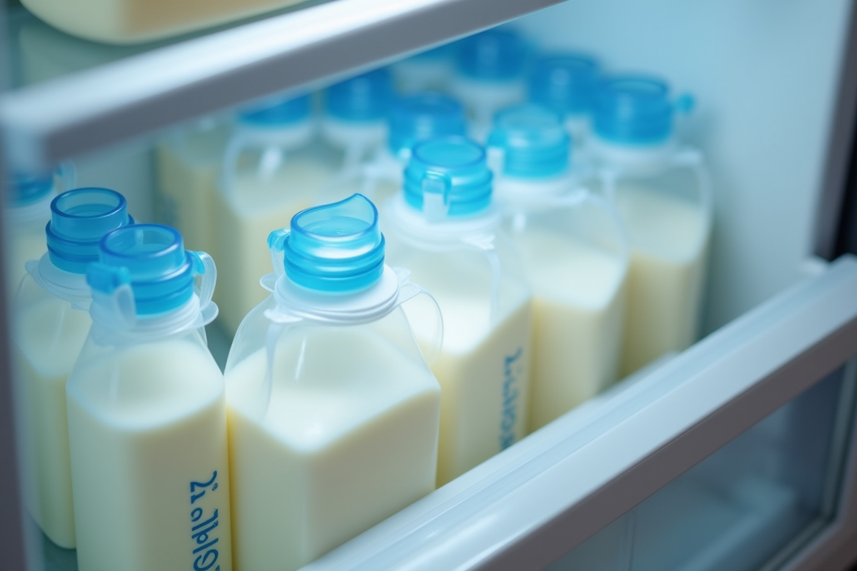 Sacs de lait maternel étiquetés dans un congélateur