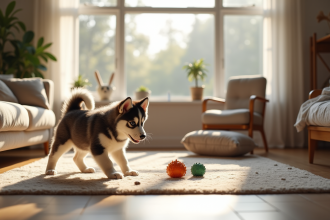 Salon moderne avec chiot husky explorant un espace sécurisé