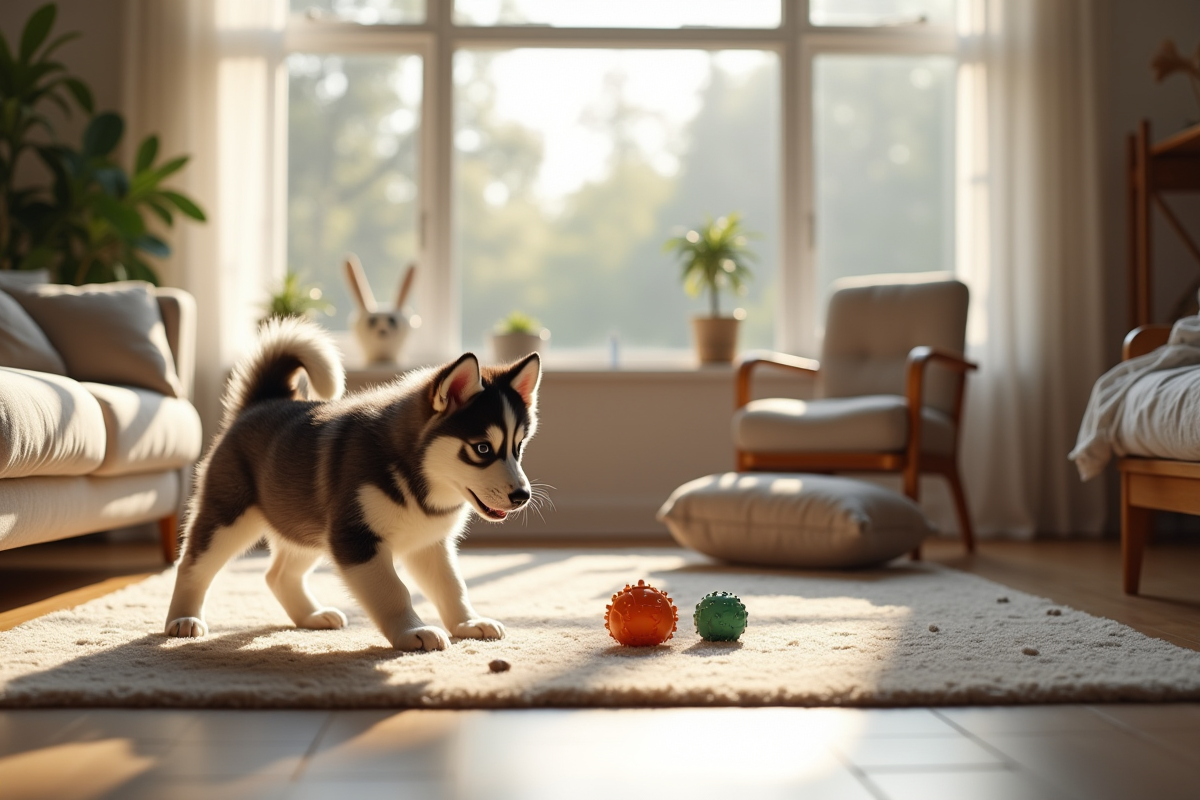 Salon moderne avec chiot husky explorant un espace sécurisé