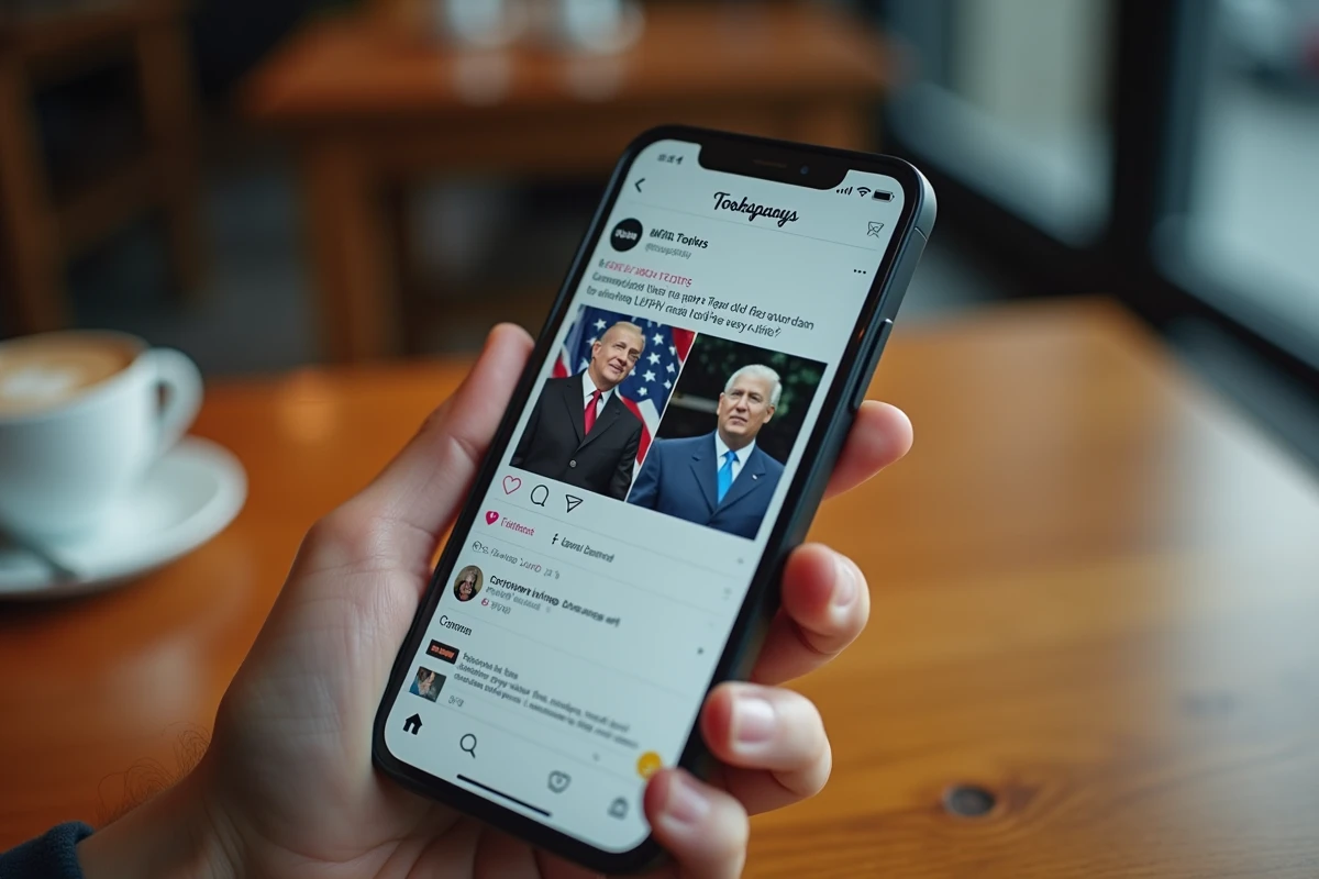 Smartphone affichant une publication virale sur les réseaux sociaux propageant une fausse information politique