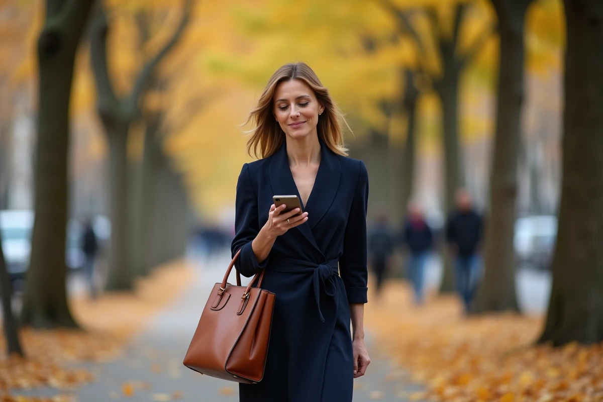 Femme parisienne souriante lisant un message sur son téléphone en marchant sur un boulevard automnal