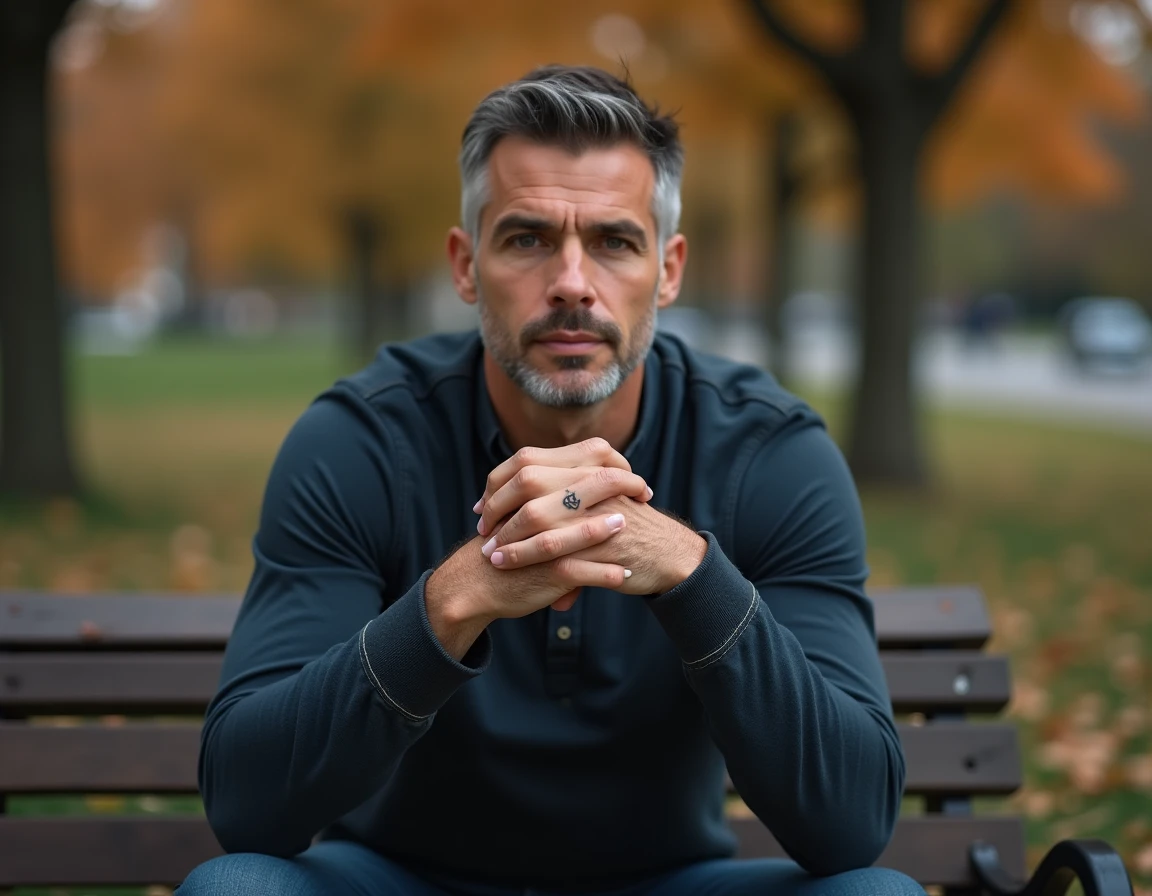 Homme aux avant-bras tatoués assis sur un banc de parc en automne, initiale familiale en calligraphie visible sur le poignet intérieur