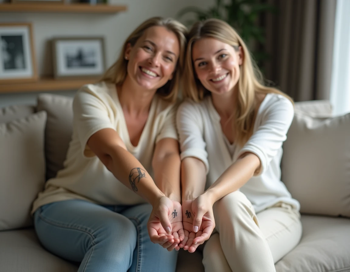 Mère et fille adulte comparant leurs tatouages d'initiale assortis au poignet dans un salon familial chaleureux, symbole de transmission et de lien intergénérationnel