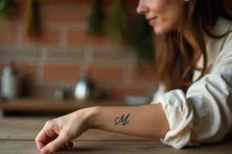 Femme aux manches retroussées révélant un tatouage d'initiale au poignet sur une table en bois rustique, symbole de lien familial