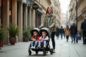 Mère poussant une triple poussette compacte sur un trottoir urbain animé avec trois jeunes enfants