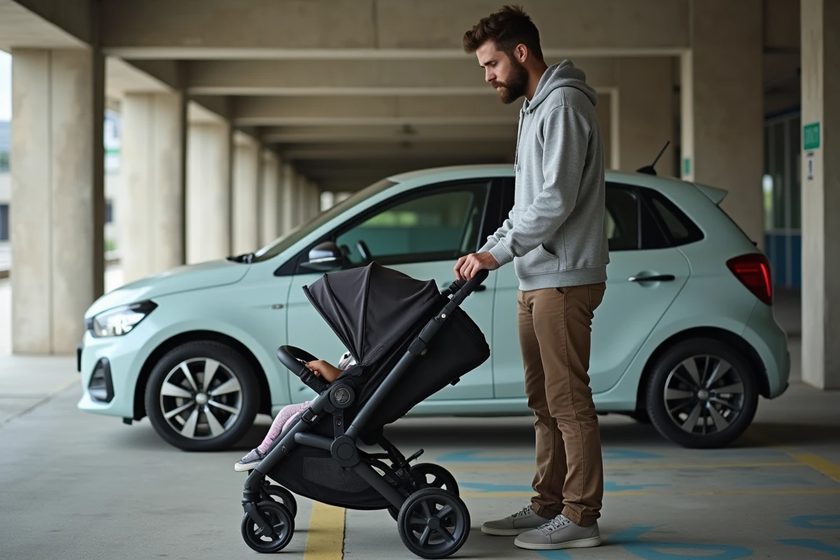 Père repliant une triple poussette compacte dans un parking urbain à côté d'une voiture citadine