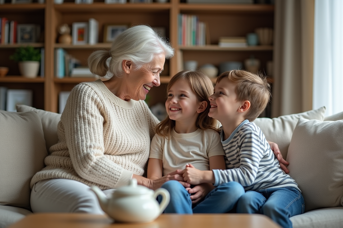 Trois générations de famille souriante sur un canapé