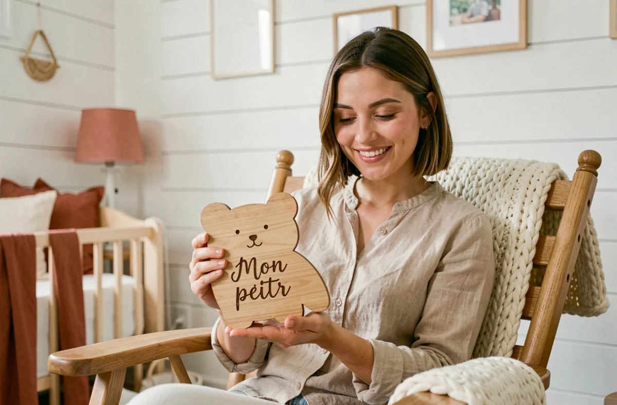 Maman tenant une veilleuse bébé en bois personnalisée en forme d'ours avec l'inscription 'Mon petit cœur' gravée, assise dans un rocking-chair dans une chambre de bébé