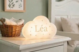 Veilleuse bébé personnalisée en céramique en forme de nuage avec le prénom 'Léa' gravé, posée sur une table de nuit en bois blanc dans une chambre de bébé