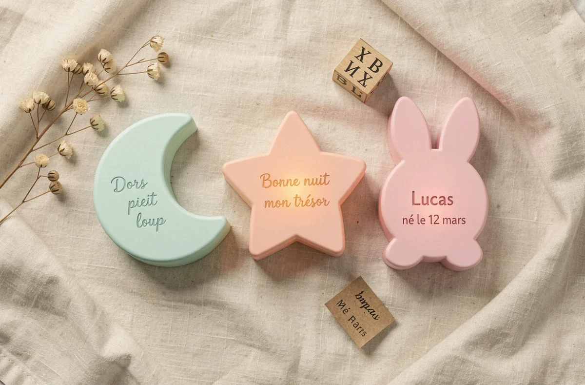 Flat lay de trois veilleuses bébé personnalisées en formes de lune étoile et lapin avec des inscriptions tendres gravées sur un fond de lin ivoire