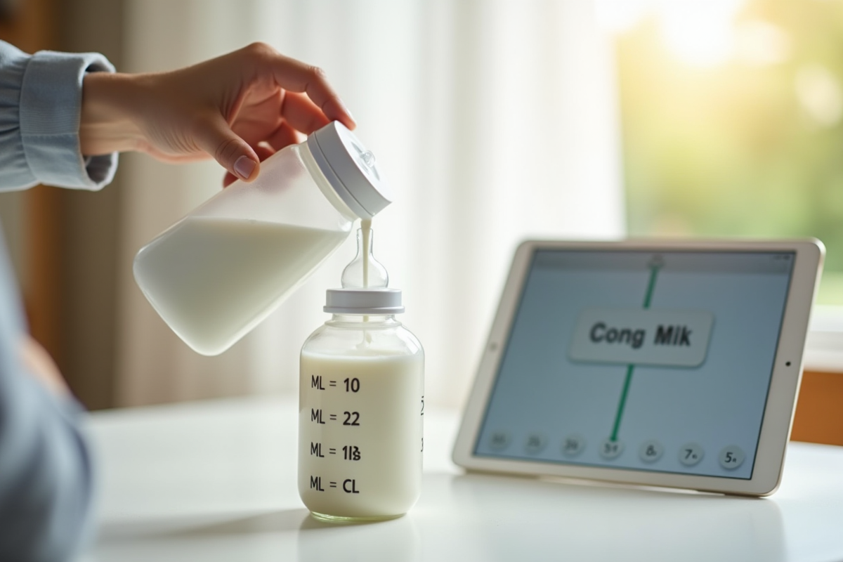 Maman verse du lait dans un biberon avec tableau de conversion