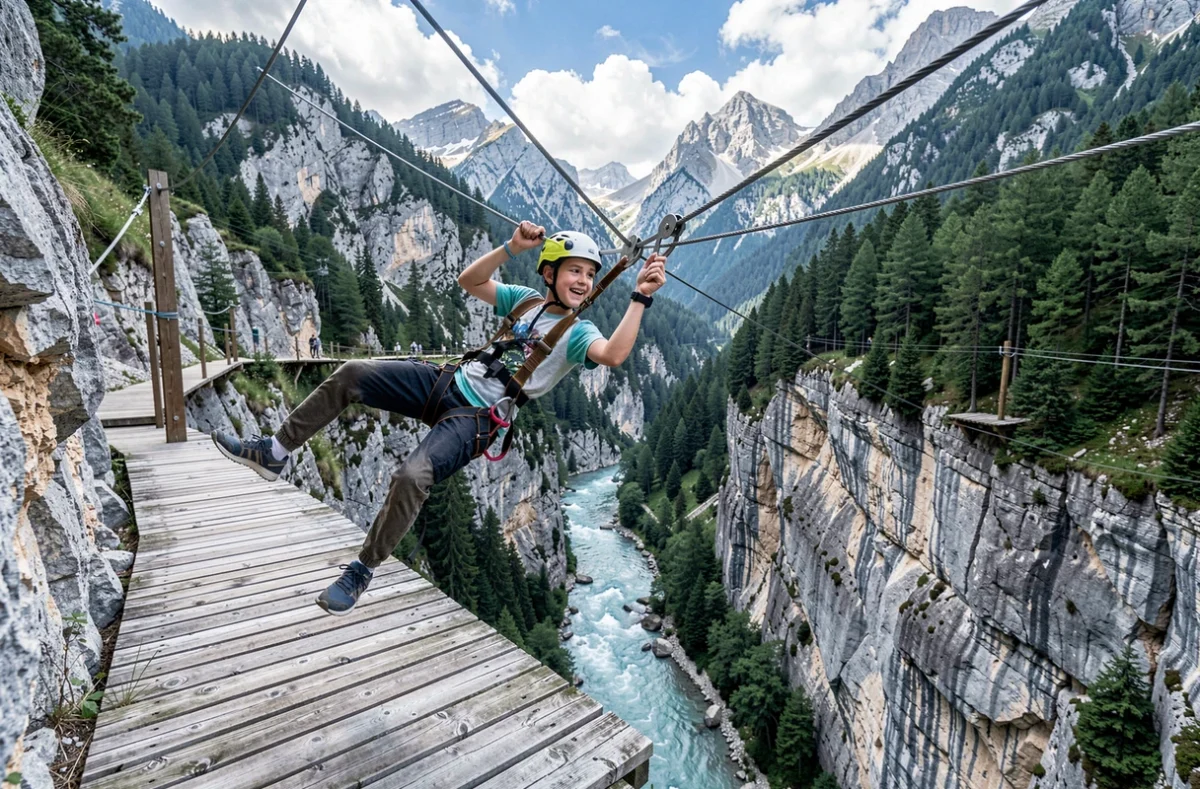 Un adolescent dévale une tyrolienne spectaculaire au-dessus des gorges au Vésubia Mountain Park dans la vallée de la Vésubie