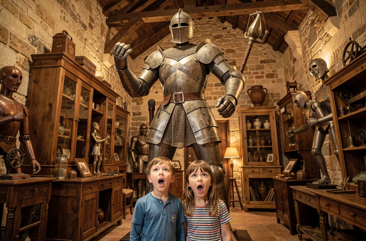 Deux enfants émerveillés devant un automate médiéval animé au Village des Automates de Saint-Cannat