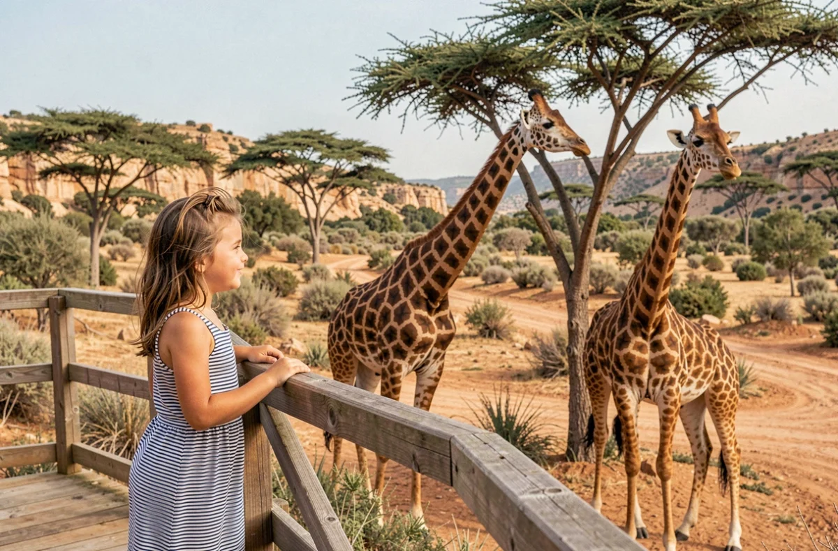 Une fillette observe des girafes se nourrissant dans leur enclos naturel au Zoo de La Barben en Provence